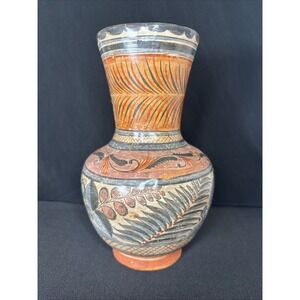 Vtg Folk Art Mexican Pottery Handmade/Painted Gourd Style Vase Leaves
